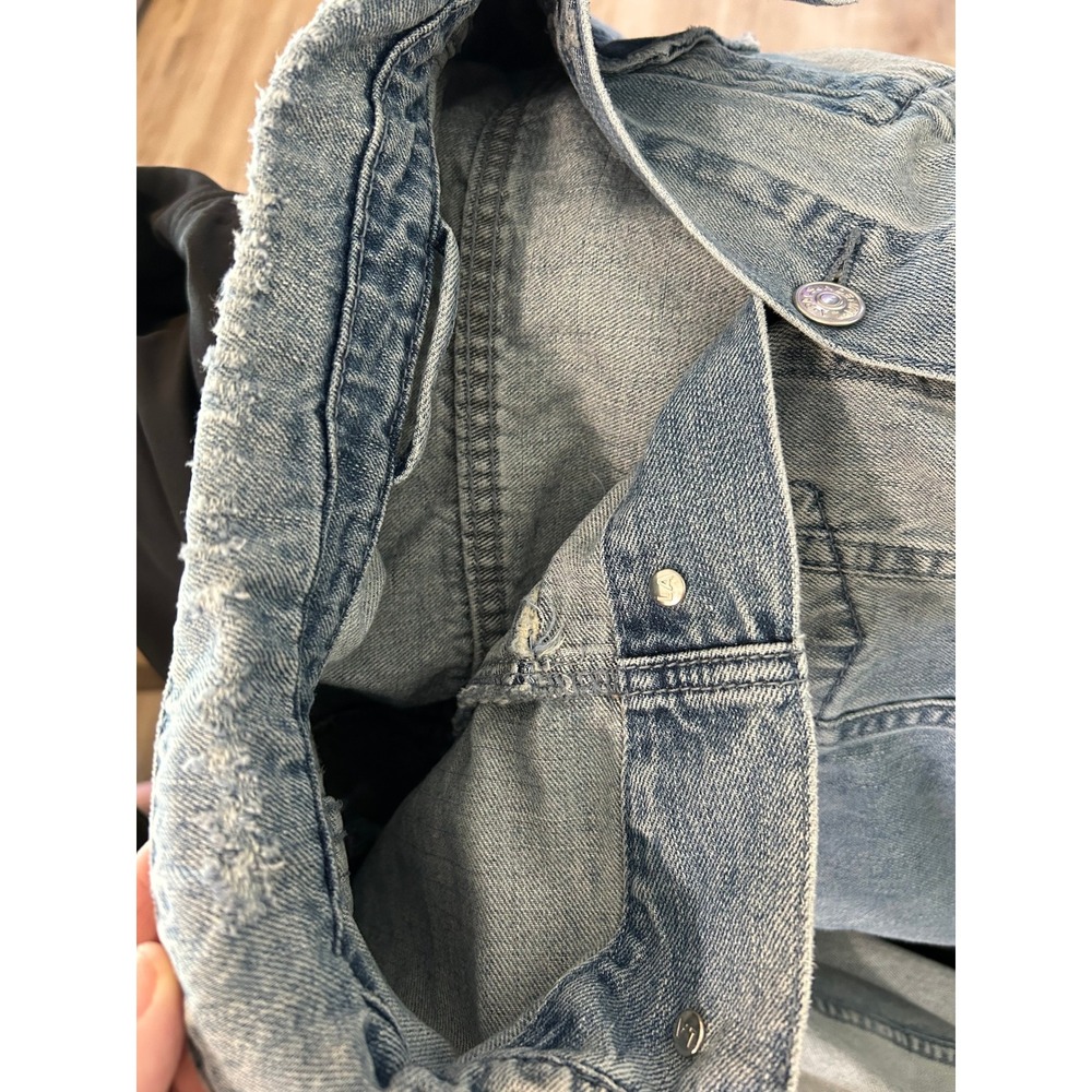 PacSun Mens LA Denim Jacket Distressed Trucker Style Racing Stripe Medium Grunge - Picture 8 of 8